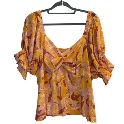 Nine West Floral Puff Sleeve Boho Retro Summer Twist Front Blouse Plus Size 2X
