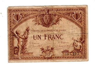 FRANCE CHAMBRE DE COMMERCE de TOURS 1 FRANC 1917 BILLET DE NECESSITE
