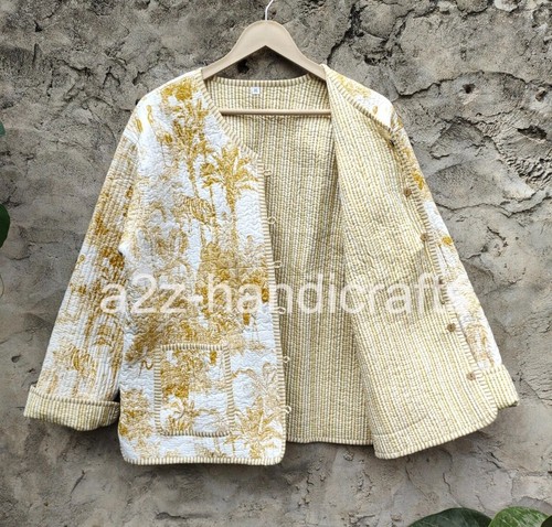 Cotton Quilted Jacket Women Wear Front Open Kimono Stripe piping Party Wear