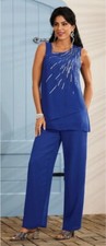 1X Midnight Velvet Blue Formal Wedding Church Embellished Starburst Pant Suit