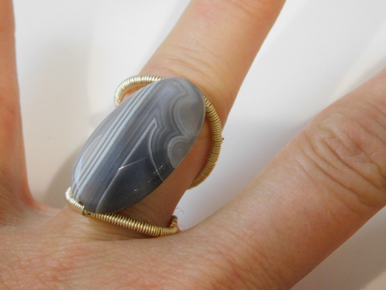 Silber Draht Wrap Grau Verbunden Achat Ovale Stein Perle Größe 8 Ring 9k 80