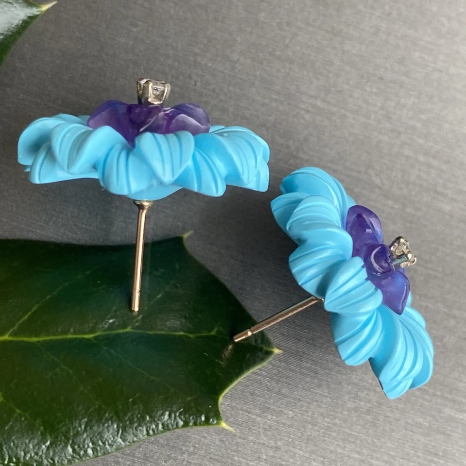 Pendientes Vintage Diamantes Oro 14K 18K Amatista Azul Turquesa Tallada Flor Foto 3 de 4
