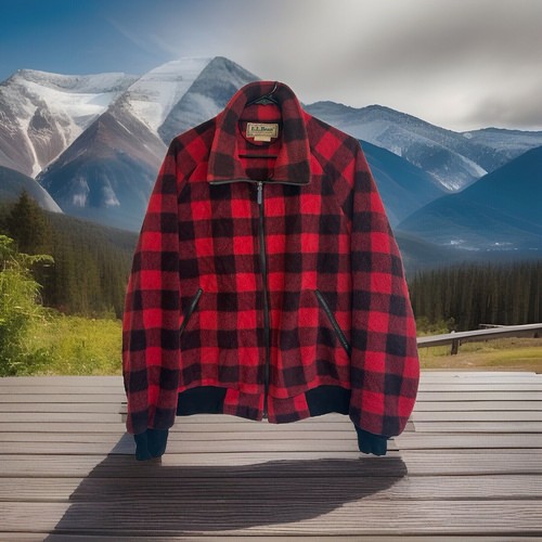 LL BEAN Buffalo Plaid Vintage Fleece Bomber Jacket Sz Large Malden Zipper