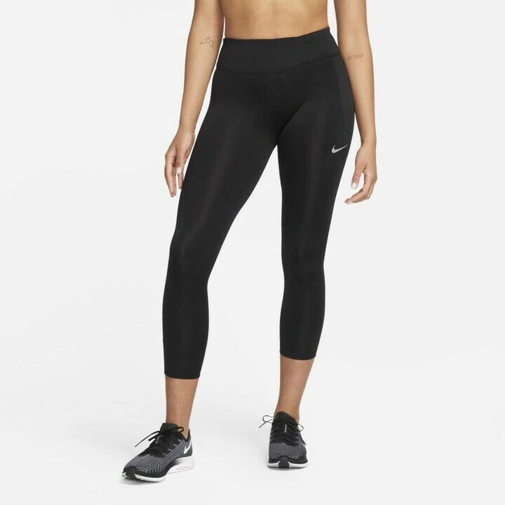 NIKE DRI FIT WOMEN'S FAST RUNNING MID RISE CROP TIGHTS BLACK #DB4380-NWT