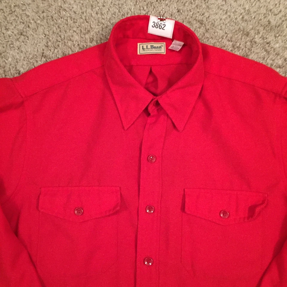LL Bean Shirt Mens XL Red Long Sleeve Button Up Pockets Polyester Made In USA - Image 3 of 4