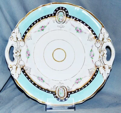 Kuchenteller mit Handhaben,Rosendekor Türkis Gold, Altwasser Schlesien 1870 1900 - Bild 1 von 4