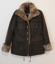 Sundance Womens Coat Brown Faux Fur Collar And Cuff Barn Coat Pockets M Brown