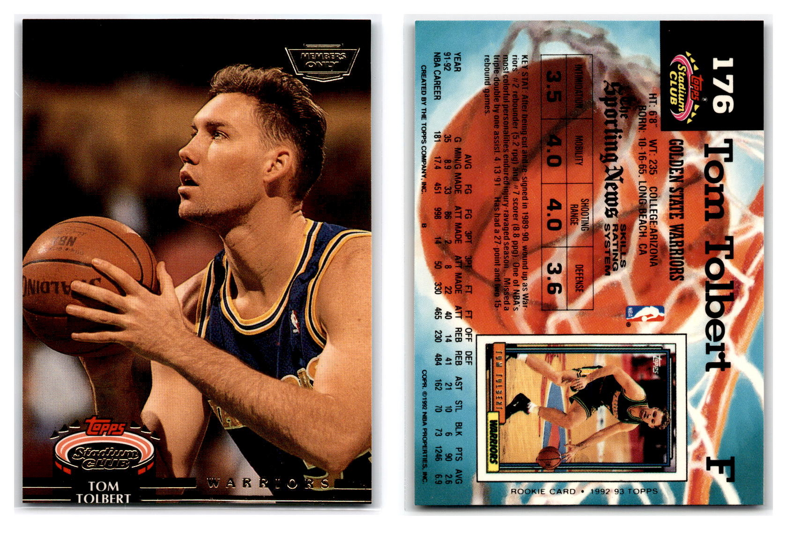 1992-93 Stadium Club Members Only #176 Tom Tolbert - Golden State Warriors