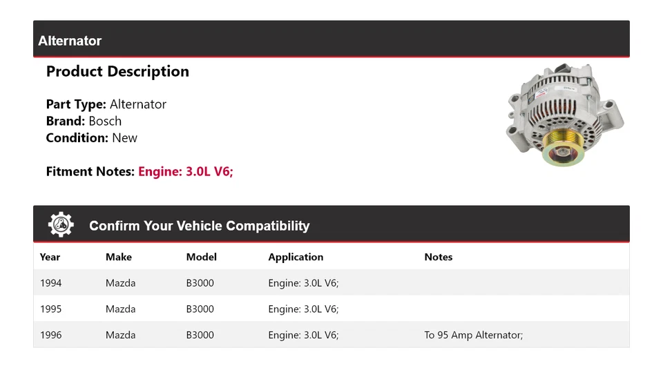 For 1994-1996 Mazda B3000 3.0L V6 Bosch Alternator (New) 1995 - Image 2 of 4