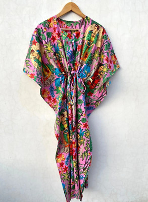 Indian Pink Long Frida Kahlo Print Cotton Maxi Women Nightwear Caftan Dress