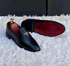 Handmade Genuine Leather Shoes Men's Black Slip-On Loafers Formal Dress Shoes