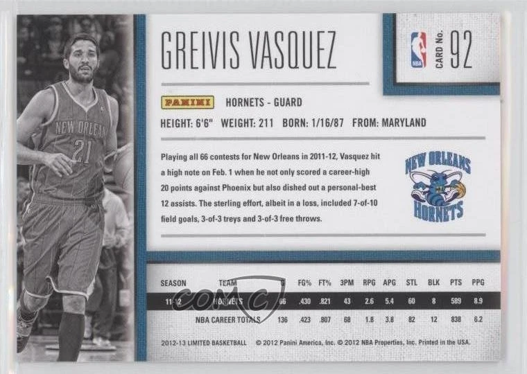 2012-13 Limited Greivis Vasquez #92 - Image 2 of 2