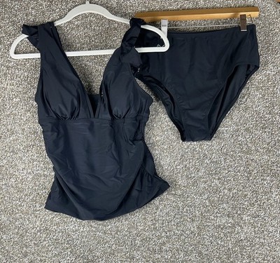 CUPSHE Swim Women's Sz L Black Two Piece Tankini Ruffle Top Sheer Hem New