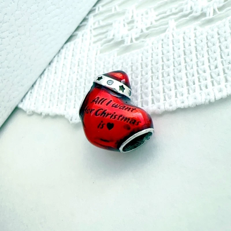 Pulsera Momento Pandor Plata 925 Metálica Roja Navidad Corazón Esmalte Dije Ajuste Foto 2 de 4