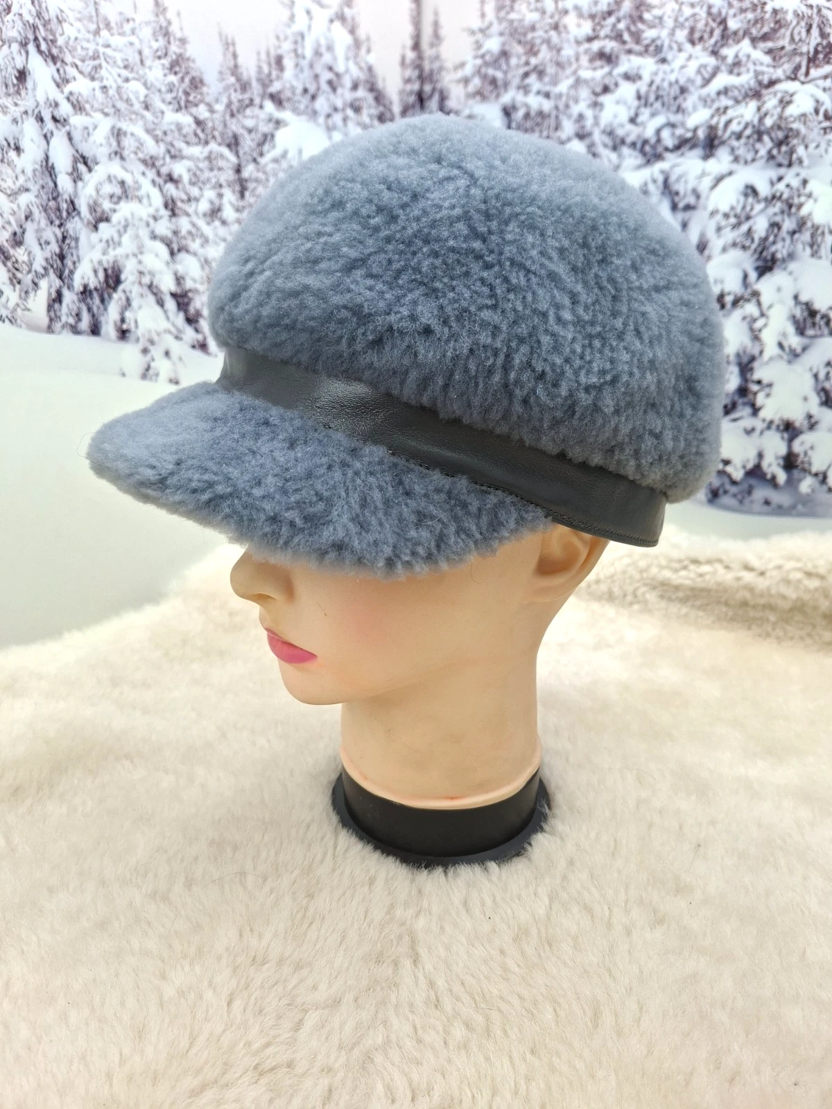 Gray Jockey fur winter Hat Women sheepskin snow hat Gift for women