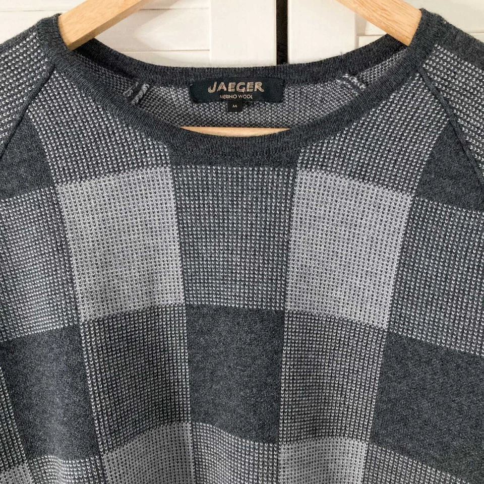 Jaeger Jumper Size Medium Grey Merino Wool Check Patterned Sweater Pullover - Image 4 of 4