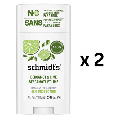Schmidt's Deodorant 48 Hour Protection Bergamot & Lime - 75 g. - Pack of 2