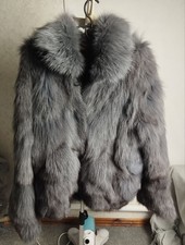 Real Fox Fur Jacket Coat Short Grey Silver Fluffy Winter Pelz Size M