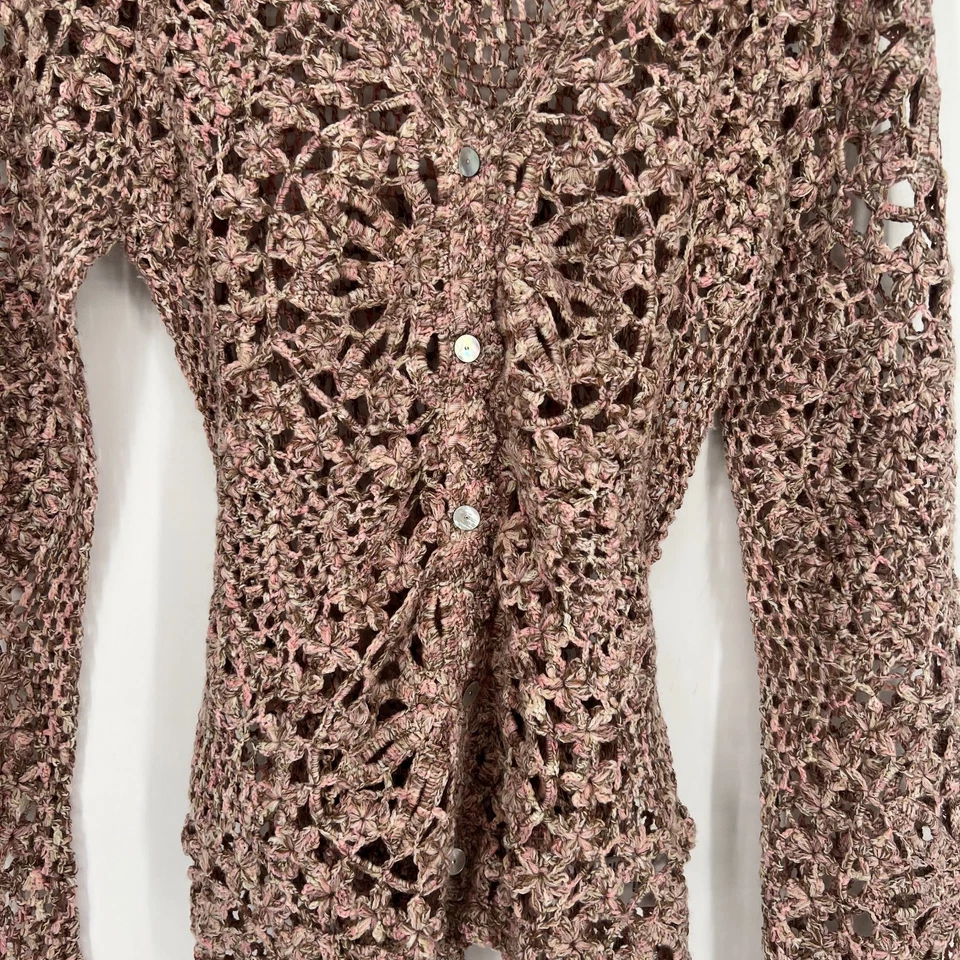 Cárdigan tejido Charlotte Tarantola para mujer XS rosa floral ganchillo Y2K lana cachemir Foto 4 de 4