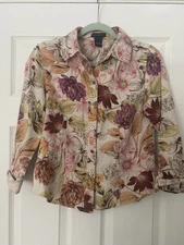 Madison Studio Women’s Size 6 Floral Button Down Blouse 100% Linen Cottagecore