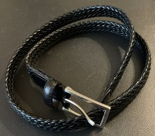 Black Braided Woven Small Genuine Leather Belt Silver Buckle Preppy Boho Hippie