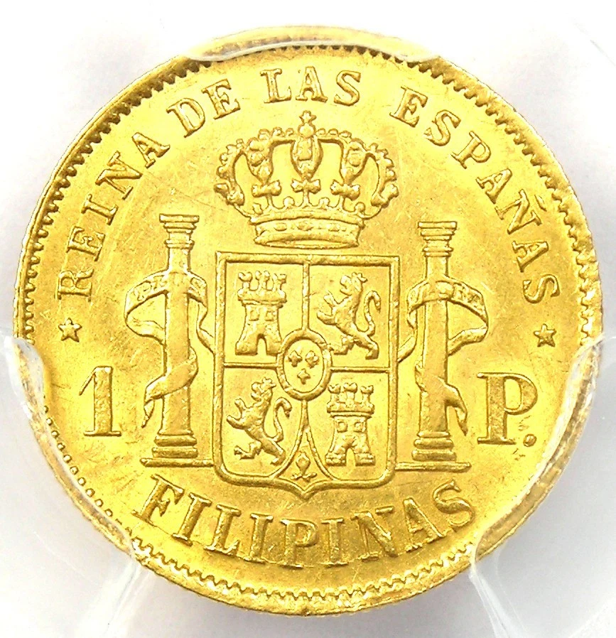 Moneda 1868 España Filipinas Pesos Oro GP Isabel - Certificada PCGS AU53 Foto 4 de 4