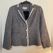 Calvin Klein Jacket Blazer Women s 4 Gray Tweed White Trim Linen Blend Preppy