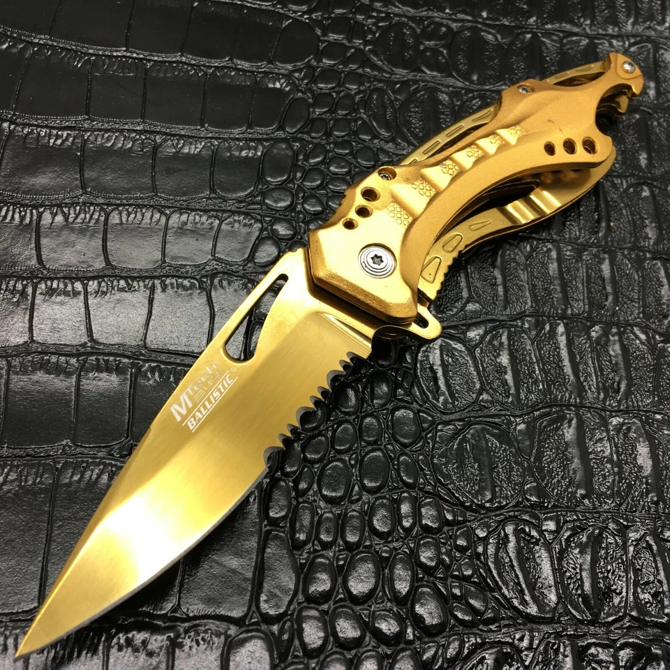 ¡Navaja de Bolsillo M-Tech Rescate Táctico Aluminio Recubierto por Resorte TODO DORADO! Foto 3 de 4