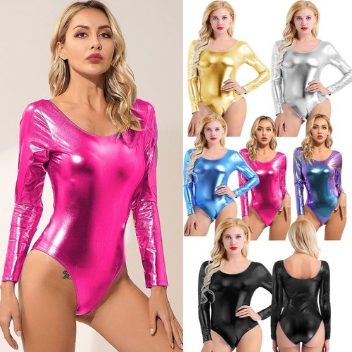 Womens Metallic Long Sleeve Gymnastic Leotard Ballet Dance One Piece Bodysuit - Picture 2 of 65