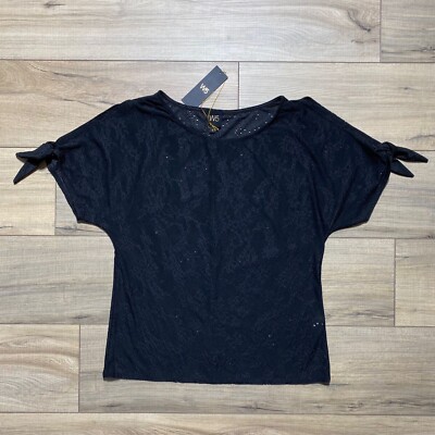 W5 Who Wear What When Where Womens Floral Eyelet Slit Sleeve Tie Top Small Black