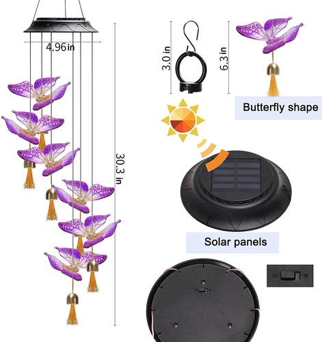 Solar Windspiel Kristall Schmetterling mit 6 Nahrung Wünsche Glocken Hof Garten Deko - Bild 7 von 8