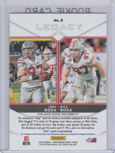 NICK BOSA & JOEY Dual ROOKIE CARD Ohio State Buckeye College Football 2019 RC - Picture 2 of 2