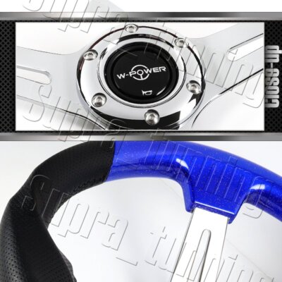 Pearl Blue W-Power 13.5'' Wood Grip 6-Hole Chrome 3-Spoke Racing Steering Wheel