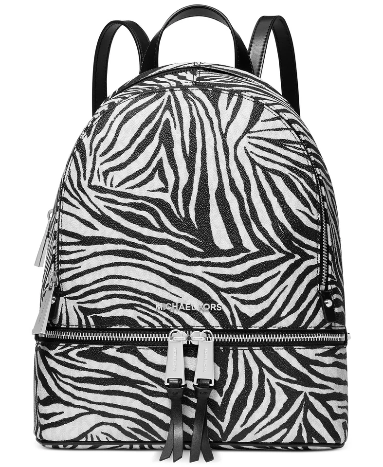 🌞MICHAEL KORS RHEA ZIP BACKPACK BLACK WHITE SILVER LOGO ANIMAL ZEBRA BAG🌺NWT!