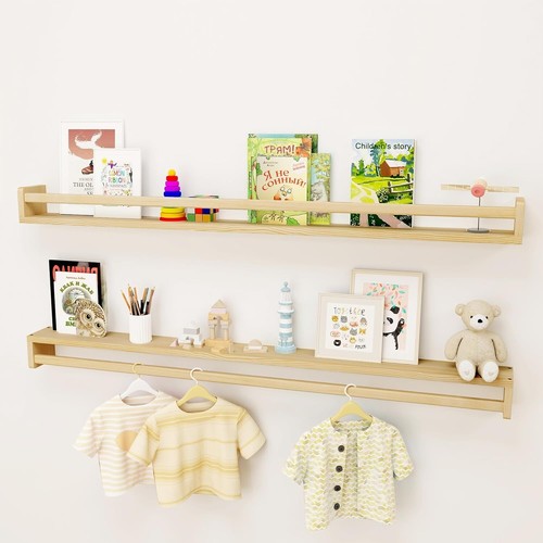 Multi-Use 48-Inch Floating Book Shelves in Natural Wood - Perfect for Any Room - Picture 3 of 9