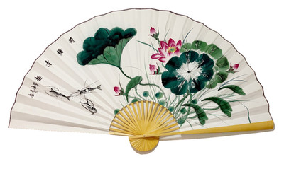 Large 63*35.5 Inch Oriental Wall Hanging Folding Fan w Handpainted Lotus flower