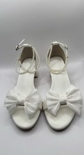 White Satin Open Toe Bridal Bow Shoes- Pearl Ankle Strap W/ 2  Heel Size 42 .