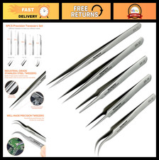 5 PCS Precision Tweezers Set - Stainless Steel, Non-Magnetic, Curved for Jewelry