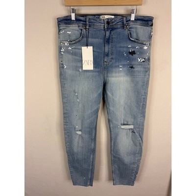Zara Men Tapered Light Wash Paint Splatter Distressed Jeans Blue Size 36 NEW