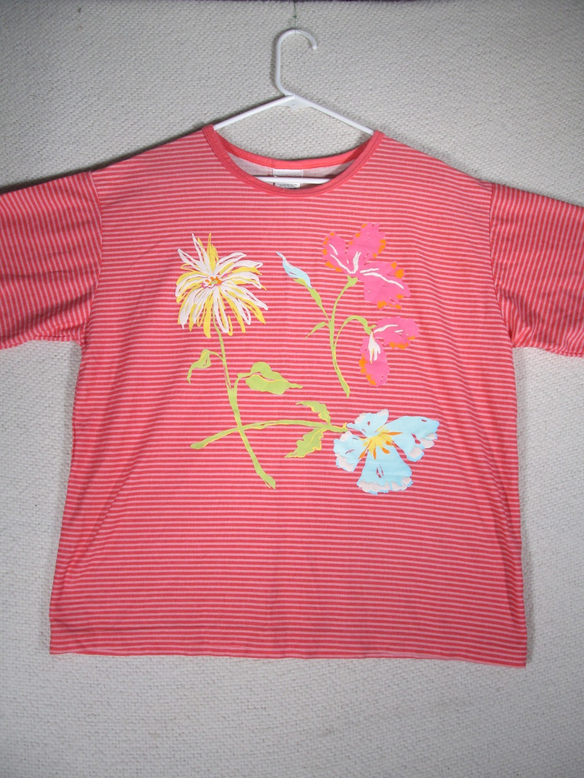 Bobbie Brooks Women Shirt Large  Stripe Flower Short Sleeve