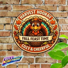 Thanksgiving Turkey and Autumn Wreath 8x8 Round Aluminum Sign