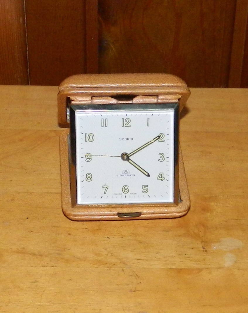 Vintage Semca Travel Alarm Clock Swiss Made Eight Days Genuine Leather Case