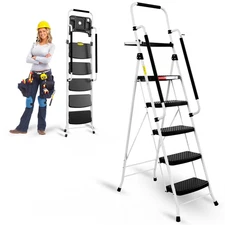 5-Step Folding Ladder with Handrails & Tool Tray, Anti-Slip Wide Pedals