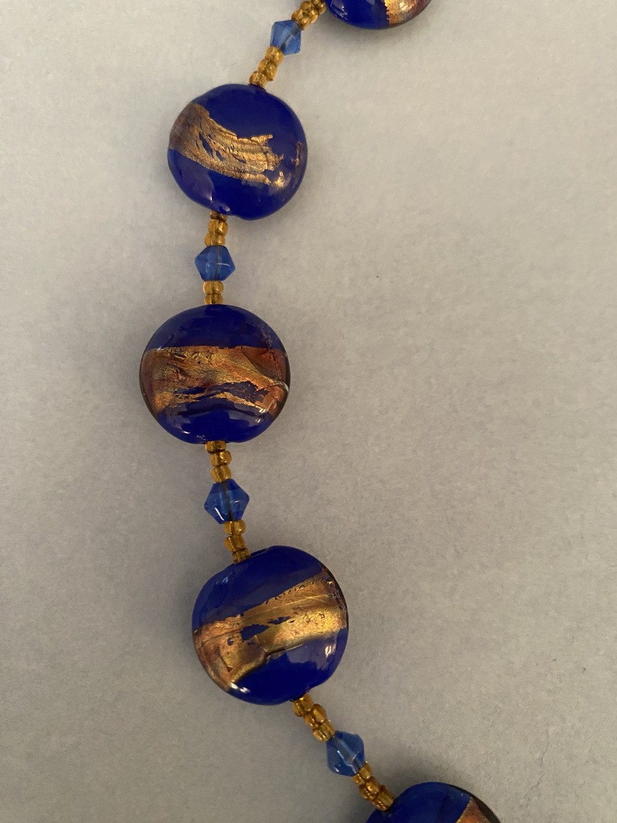 Antique/Vintage Murano Glass Austrian Crystal bead neclace gold/blue flat rounds View 4