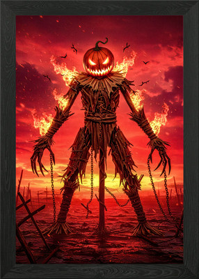 Fiery Pumpkin Scarecrow in Red Land Framed Wall Art Poster Canvas Print Picture