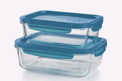 NEW Tupperware PremiaGlass Container Set of 2 - 1.5L and 1L - Peacock Blue