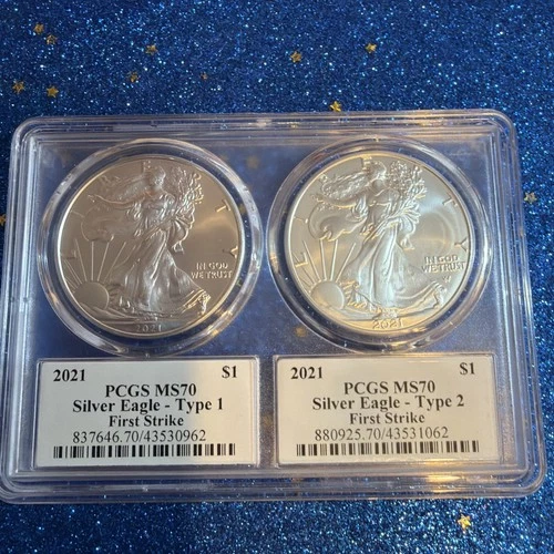 *New 2021 Type 1 and Type 2 Silver Eagle - PCGS MS70 First Strike sealed wrapper