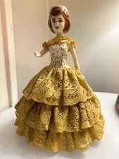 Porcelain/Ceramic Doll Wearing Yellow Lace Dress   8 Inches Tall