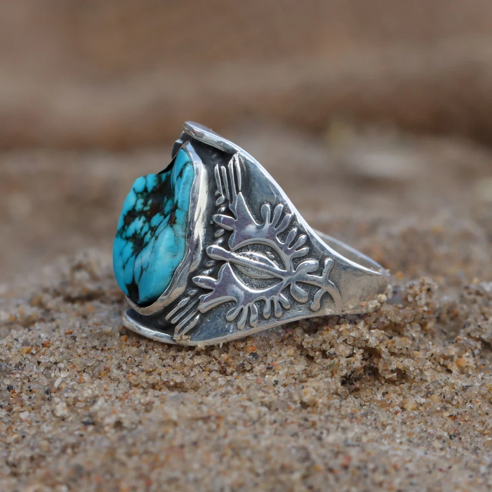ANILLO TURQUESA RUGOSO NATURAL PARA HOMBRE Y MUJER ANILLO DE PLATA DE LEY 925 REGALO ÉL Foto 4 de 4