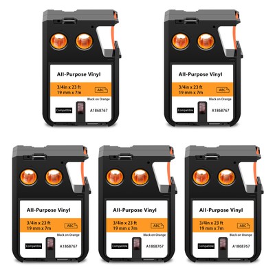 5PK for DYMO XTL-300 500 All-Purpose Vinyl 19mm Black on Orange 1868767 Label